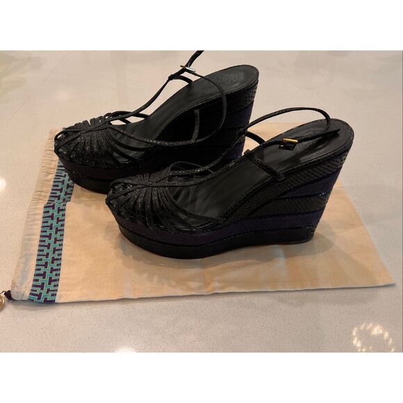 Tory Burch Women's Strappy Leather Snakeskin Platform Wedge Sandals Black Size 9 - Picture 2 of 10